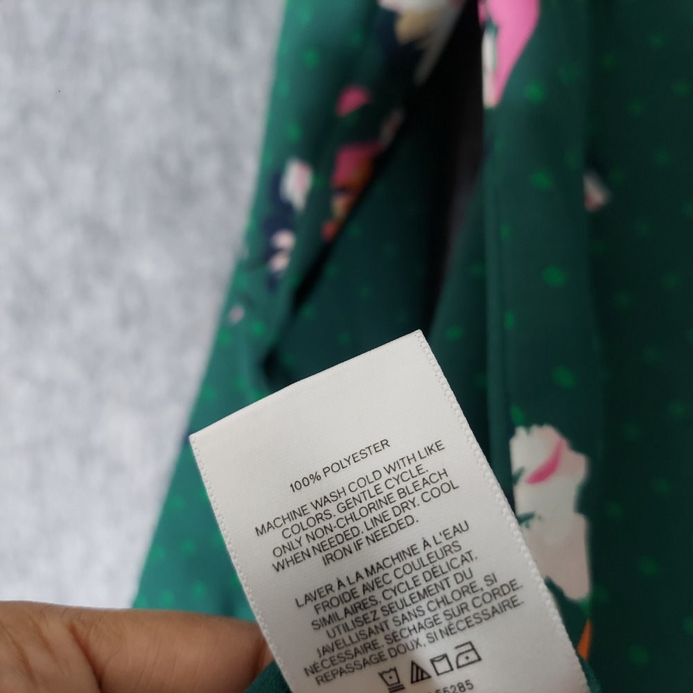 Express Womens Portofino Blouse S Green Floral Polka Dot Slim Roll Tab Top - Picture 8 of 8